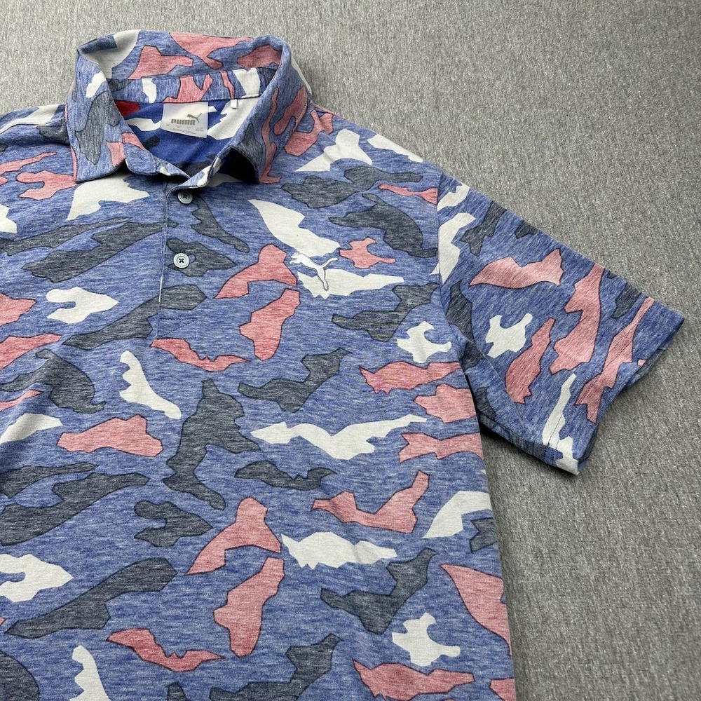 PUMA Golf Polo Men's Medium Short Sleeve Red White Blue Camo Carlsbad California